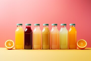 Vibrant detox juice with various flavors in plastic bottles on a soft orange backdrop. Generative AI