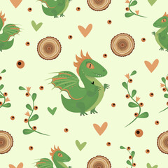 Wood green dragon seamless pattern, color vector background