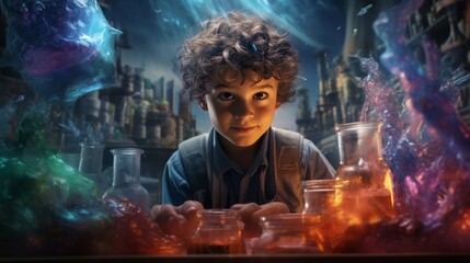 Picture of a Child as a Mad Scientist in a Laboratory - obrazy, fototapety, plakaty
