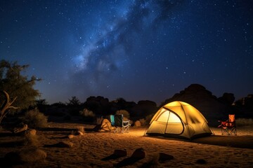 Starry night camping in a desert, with clear Milky Way arching overhead.