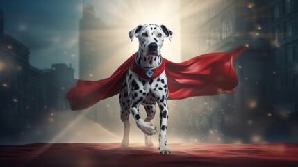 Picture of a Dalmatian in a superhero costume flying through.jpeg - obrazy, fototapety, plakaty