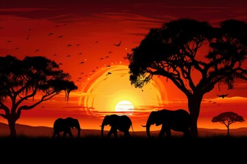 Fototapeta na wymiar Sunset safari silhouette, majestic elephants against the glowing African horizon.