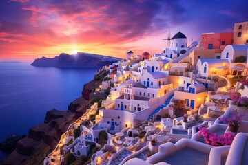 Sunset over Santorini's caldera, iconic white-washed buildings glowing in twilight.