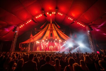 Thrilling circus under a starlit big top, acrobats and magicians dazzling the audience.