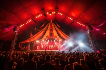 Deurstickers Thrilling circus under a starlit big top, acrobats and magicians dazzling the audience. © Bijac