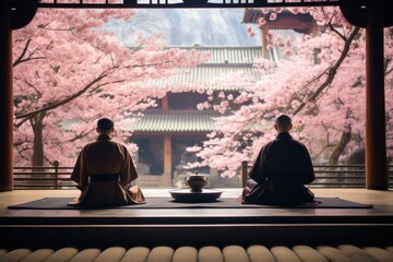 Timeless Kyoto temple during cherry blossom season, monks in contemplative meditation.