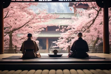 Behang Kyoto Timeless Kyoto temple during cherry blossom season, monks in contemplative meditation.
