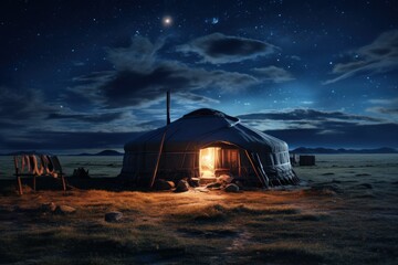 Traditional Mongolian yurt under starry skies, nomadic life in vast open steppes.