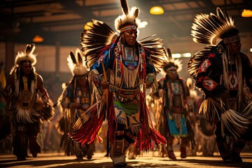 Traditional Native American powwow with dancers in authentic attire, representing rich heritage.