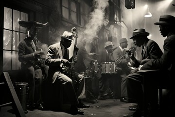 Underground jazz club in 1940s Harlem, saxophone notes filling the smokey air.