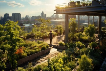 Urban rooftop garden with sustainable greenery, showcasing eco-friendly living in cities.