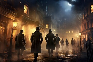 Victorian-era London detective agency, solving thrilling mysteries in fog-laden streets. - obrazy, fototapety, plakaty