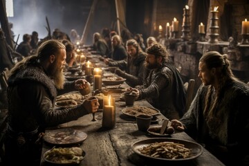 Viking feast in a great hall, warriors sharing tales of sea monsters and treasures. - obrazy, fototapety, plakaty