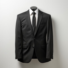  a black suit hanging on a white wall
