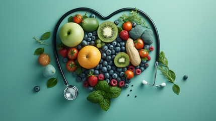 Fruit and vegetable on heart shape for healthy lifestyle concept illustration - obrazy, fototapety, plakaty