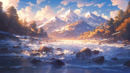 ［AI生成画像］雪山、川の風景、晴天5