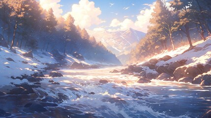 ［AI生成画像］雪山、川の風景、晴天11