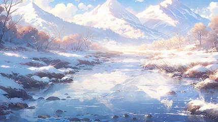 Fotobehang ［AI生成画像］雪山、川の風景、晴天13 © 孝広 河野
