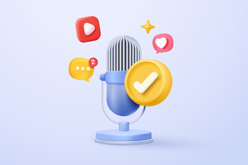 3d microphone with voice for announce promotion in background. mic record for music singing and audio or podcast minimal concept. 3d mic icon vector render illustration for alert and announcement - obrazy, fototapety, plakaty