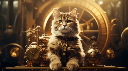 Steampunk-Inspired Scene with a Cat as an Investigator - obrazy, fototapety, plakaty