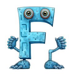  alphabet blue letter F with arm leg and cute eyes cartoon character