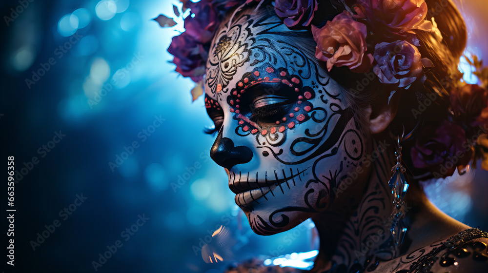 Wall mural Woman with fluor sugar skull makeup celebrating Halloween party. Beautiful model with Santa muerte makeup. Sugar skull for Day of the Dead festival in Mexico or Dia de los Muertos, copy space