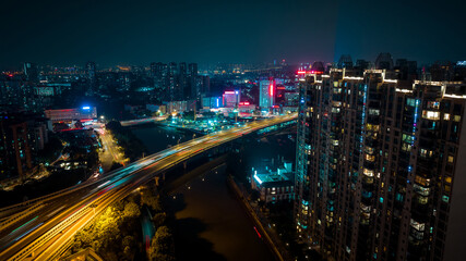 Aerial view of night landscape in Guangzhou city, China