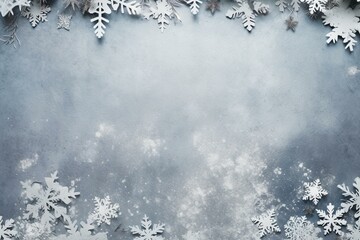 Winter holiday theme with a border of snowflakes on a soft gray background, representing Christmas and New Year. Photographed from above with a flat lay style, allowing space for. Generative AI