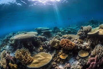 Naklejka na ściany i meble Underwater ecosystem teeming with fish amidst vibrant corals, illuminated by sunlight. Generative AI