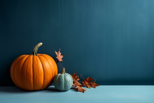 modern autumn image featuring pumpkin on blue grey backdrop. Generative AI