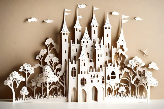 Paper cuter background with tree and castles, ai art