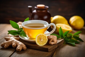 A steaming cup of lemon ginger tea sits on a rustic wooden table, surrounded by fresh lemons and ginger roots, creating a cozy and inviting atmosphere - Powered by Adobe