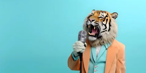 Wandaufkleber Stylish tiger singing with microphone isolated on green background © ZayWin