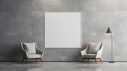 mockup of a large painting in a room with some minimalist chairs