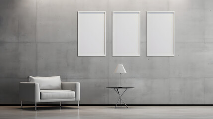 Mockup of a painting in a room with an armchair and a minimalist lamp