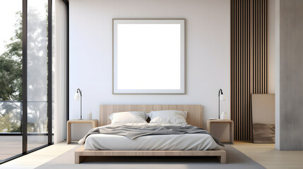 mockup of a painting in a bedroom with minimalist lamps and plants with beautiful views