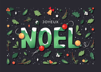 Joveux Noel greeting card in french language means Merry Christmas. Xmas poster for celebration in France. Text encircled in mistletoe branch, juniper and oak leaves, berries, and holiday foliage. 