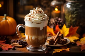 A close-up shot capturing the rich, warm hues of a freshly brewed Chestnut Coffee, topped with whipped cream and sprinkled with crushed chestnuts