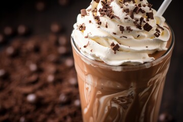 A delicious close-up shot of a creamy chocolate malt shake, topped with whipped cream and garnished with a sprinkle of cocoa powder