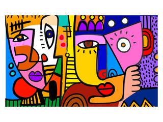 Colorful abstract faces portrait line art decorative hand drawn vector illustration wall art, cover, poster, cards, prints design.