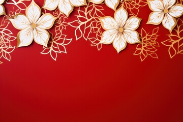 white flowers and golden elegant Christmas ornament on red background with copy space.Greeting Christmas card.  - obrazy, fototapety, plakaty