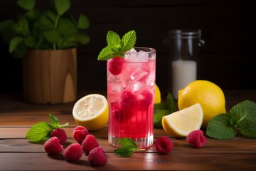 A Refreshing Glass of Homemade Lemon and Raspberry Lemonade, Perfectly Chilled and Garnished with Fresh Mint Leaves on a Rustic Wooden Table