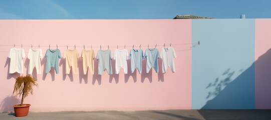 Clean children's clothes hanging on a washing line on the street. Illustration in pastel colors. Washday. 