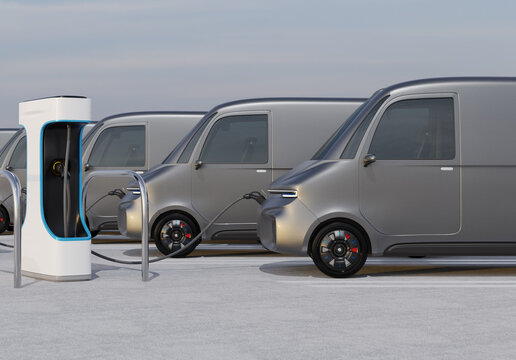 Fleet of Electric Delivery Vans charging in charging station. Generic design. 3D rendering image.