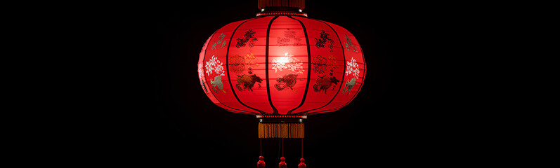 Red Chinese lantern with asian flowers. Chinese New Year. Decorative background.