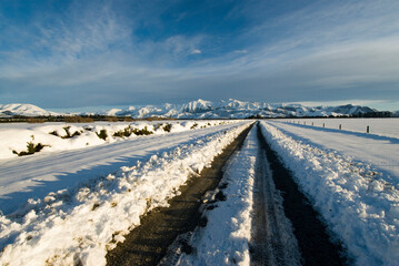Fresh snow on farmland near Mt Hutt, Arthur's Pass, Canterbury Plains, South Island, New Zealand - obrazy, fototapety, plakaty