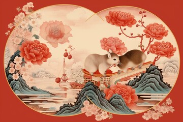 Mouse, flowers and clouds on red scallop Chinese symbolic design. Generative AI