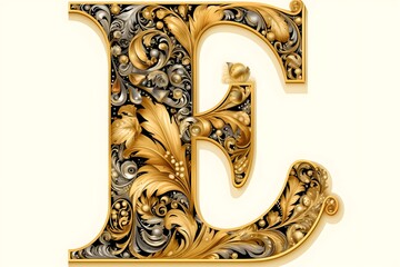 alphabet letter E with gold ornated art