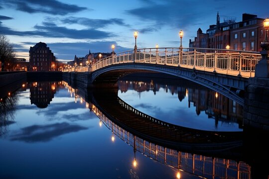 Dusk-time bridge spanning Liffey River in Dublin, Ireland. Generative AI