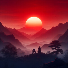 sunset in the mountains swordsmanship, martial arts practice